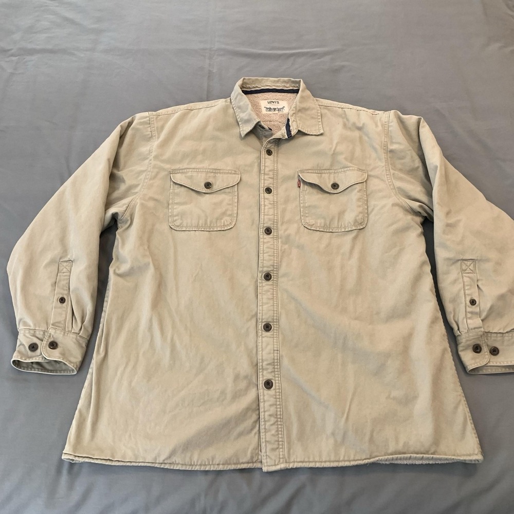 Levi's‎ Shirt Jacket Mens 2XL Beige Canvas Sherpa Lined Button Front Workwear